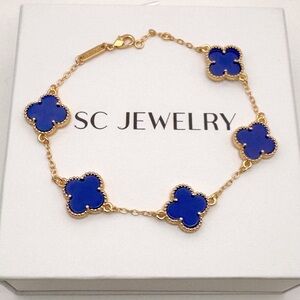 Royal Blue Clover Bracelet Double Sided Gold Tone Chain